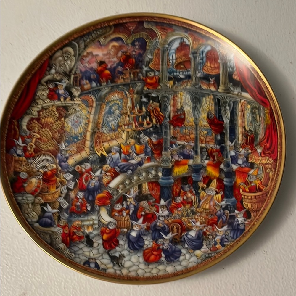 Colorful Decorative Plate with Gold Trim